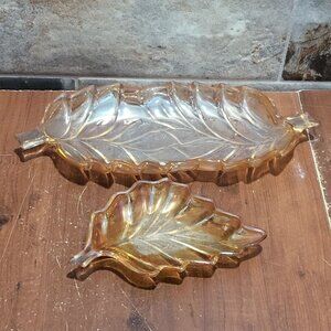 Vintage Marigold Carnival Glass Dishes Leaf Pattern Set of 2